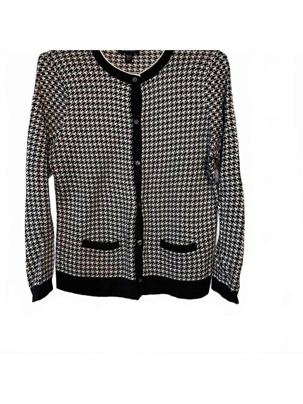 Lands' End Black & White Houndstooth Cardigan Sweater Preppy Classic